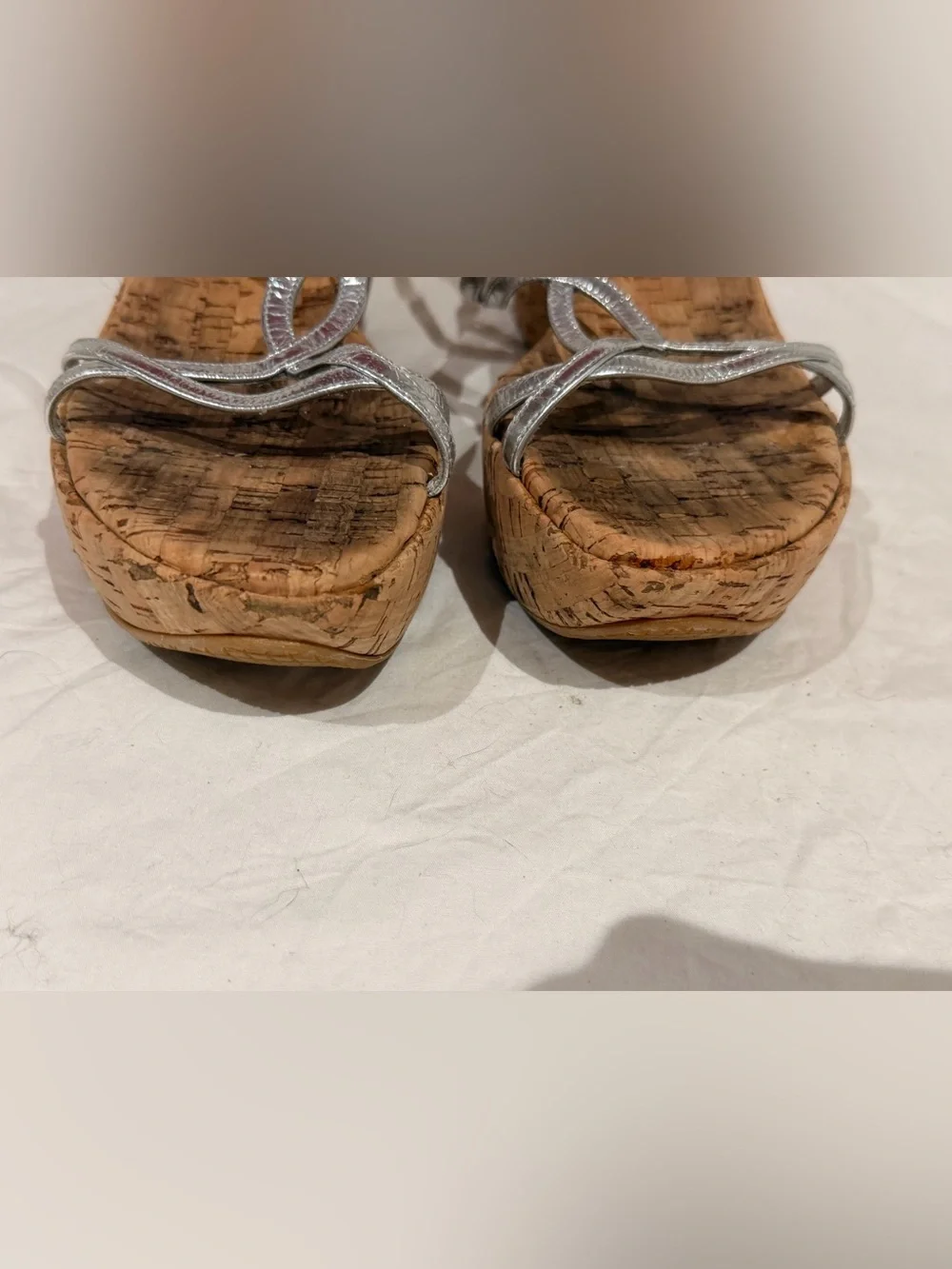 Stuart Weitzman Silver Metallic Strappy Cork Wedge Sandals - Picture 3 of 10